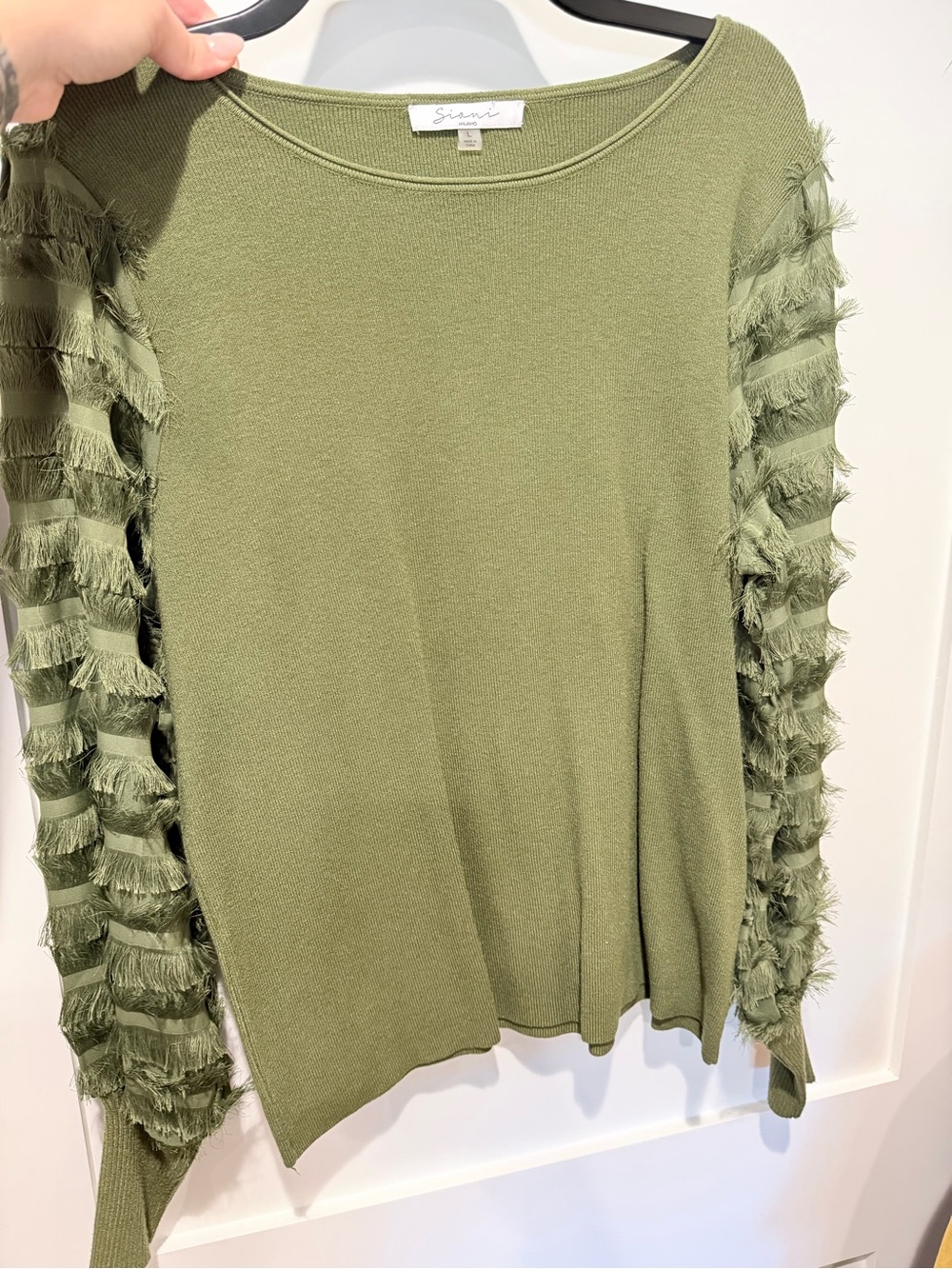 Olive Fringe-Sleeve Knit Top